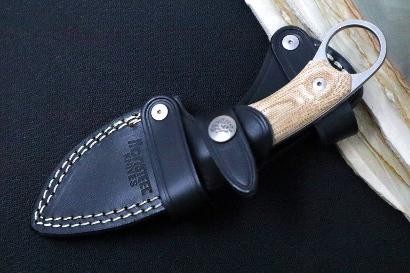 Lionsteel H1 Fixed Blade - Natural Canvas Micarta Handle / M390 Steel / Black Leather Sheath M1CVN