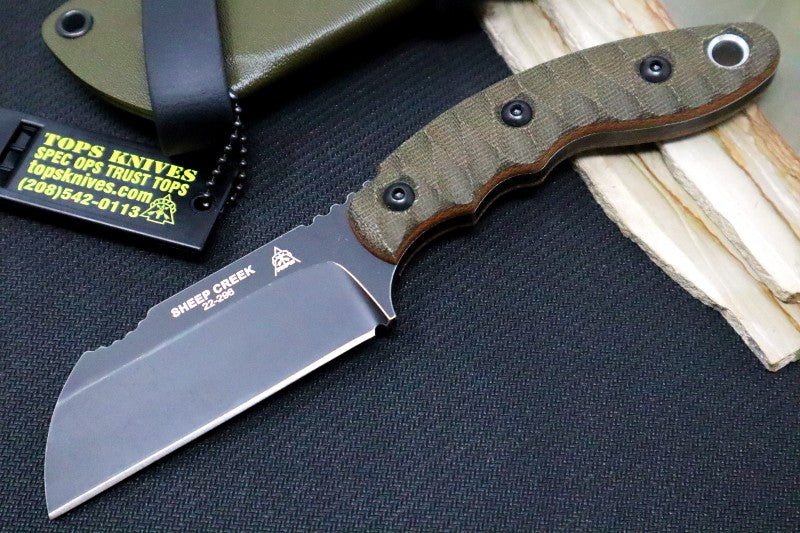 Tops Sheep Creek - 154CM Steel / Tan & Green Canvas Micarta Handle / Kydex Sheath SPCK-01