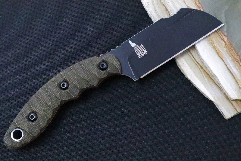 Tops Sheep Creek - 154CM Steel / Tan & Green Canvas Micarta Handle / Kydex Sheath SPCK-01 - Northwest Knives