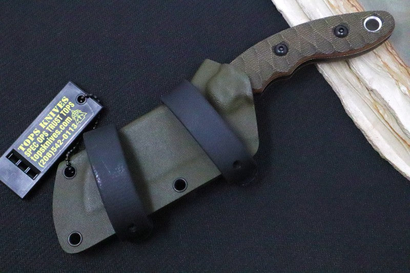 Tops Sheep Creek - 154CM Steel / Tan & Green Canvas Micarta Handle / Kydex Sheath SPCK-01