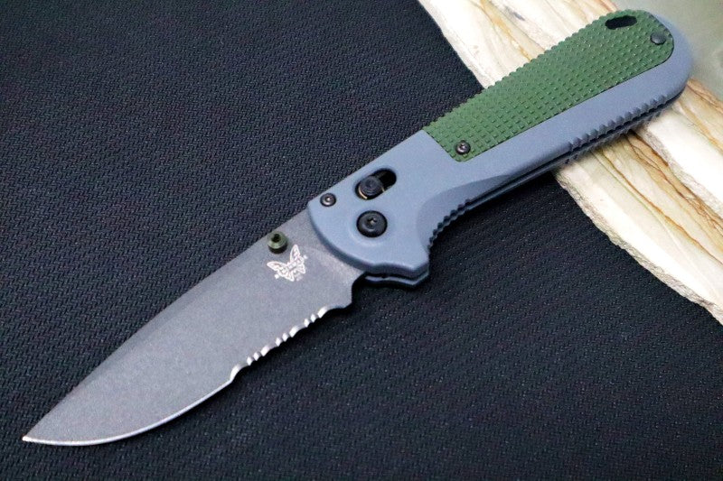 Benchmade 430SBK Redoubt - Drop Point with Partial Serrate / Cobalt Black Finish / Grey & Green Grivory Handles - Northwest Knives