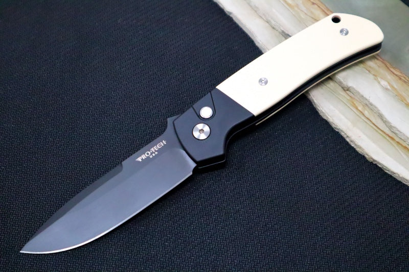 Pro Tech Terzuloa ATCF Auto - Black Aluminum & Ivory Micarta Handle / 3D Titanium Clip / Black DLC Drop Point Blade / CPM-Magnacut Steel BT2752