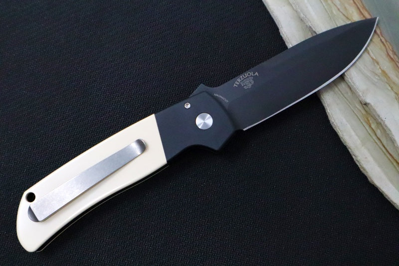 Pro Tech Terzuloa ATCF Auto - Black Aluminum & Ivory Micarta Handle / 3D Titanium Clip / Black DLC Drop Point Blade / CPM-Magnacut Steel BT2752