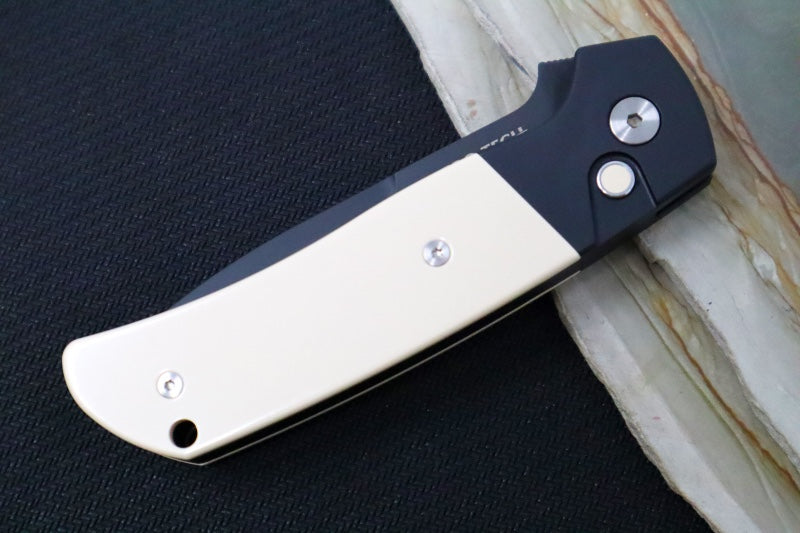 Pro Tech Terzuloa ATCF Auto - Black Aluminum & Ivory Micarta Handle / 3D Titanium Clip / Black DLC Drop Point Blade / CPM-Magnacut Steel BT2752