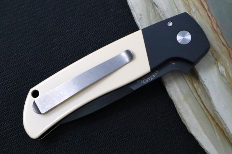 Pro Tech Terzuloa ATCF Auto - Black Aluminum & Ivory Micarta Handle / 3D Titanium Clip / Black DLC Drop Point Blade / CPM-Magnacut Steel BT2752