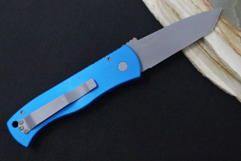 Pro Tech Emerson Auto - Blue Anodized Aluminum Handle / Blasted Finished Tanto Blade / CPM-154CM Steel E7T01-BLUE