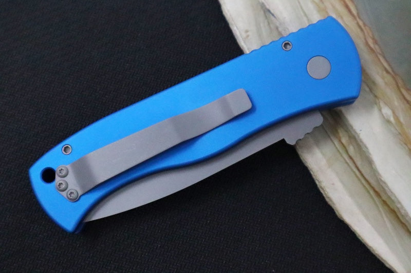 Pro Tech Emerson Auto - Blue Anodized Aluminum Handle / Blasted Finished Tanto Blade / CPM-154CM Steel E7T01-BLUE - Northwest Knives