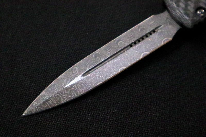 Microtech Ultratech Signature Series OTF - Damascus Dagger Blade / Ringed Hardware / Carbon Fiber Top & Black Anodized Aluminum Handle - 122-16CFS