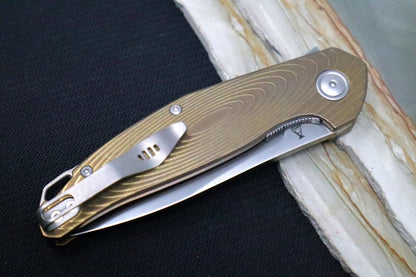 Maniago Knife Makers Goccia - Drop Point Blade / M390 Steel / Bronzed Titanium Handle / Sandblasted Titanium Backspacer