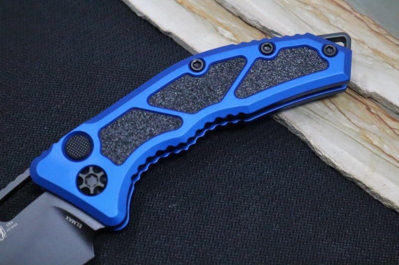 Heretic Knives Medusa Auto - Tanto DLC Blade / Blue Anodized Aluminum Handle with Grip Inlays