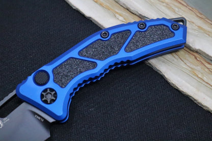 Heretic Knives Medusa Auto - Tanto DLC Blade / Blue Anodized Aluminum Handle with Grip Inlays