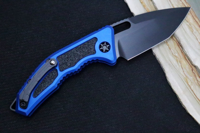 Heretic Knives Medusa Auto - Tanto DLC Blade / Blue Anodized Aluminum Handle with Grip Inlays