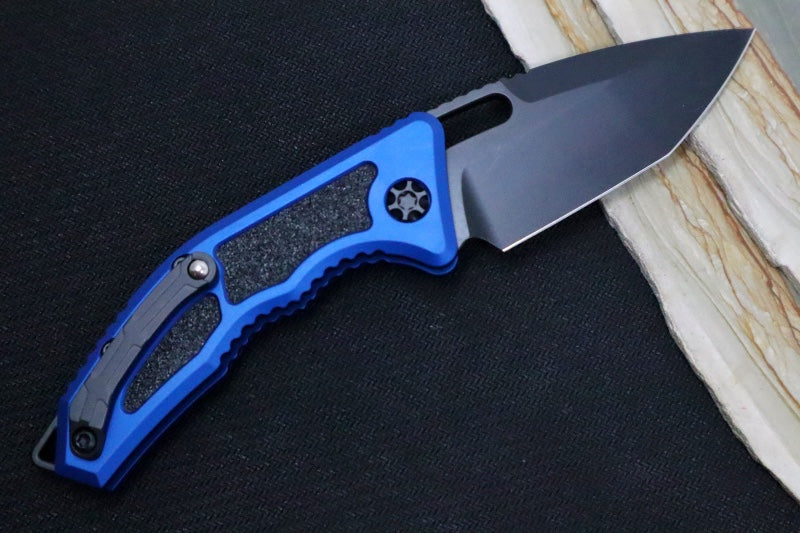 Heretic Knives Medusa Auto - Tanto DLC Blade / Blue Anodized Aluminum Handle with Grip Inlays