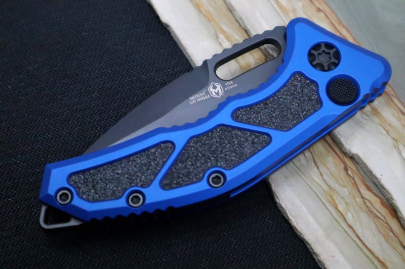 Heretic Knives Medusa Auto - Tanto DLC Blade / Blue Anodized Aluminum Handle with Grip Inlays