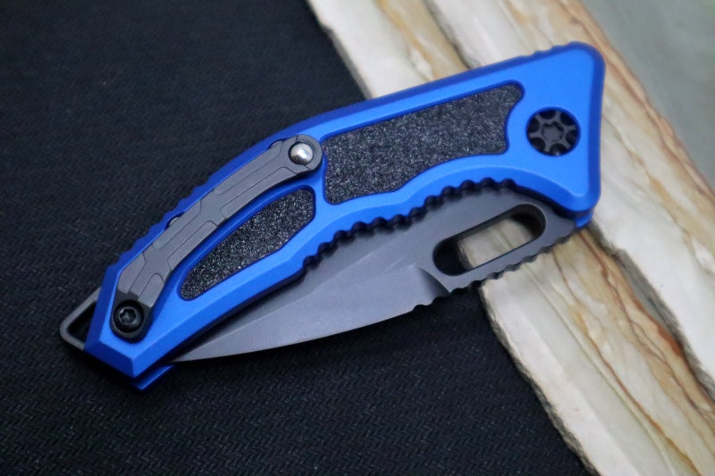 Heretic Knives Medusa Auto - Tanto DLC Blade / Blue Anodized Aluminum Handle with Grip Inlays