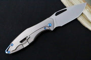 Koenig Arius Flipper Delete- Burnished Blade w/ Polished Flats - Patterned Titanium Handle - Blue Accents (Gen 4) AR21211221 - Northwest Knives