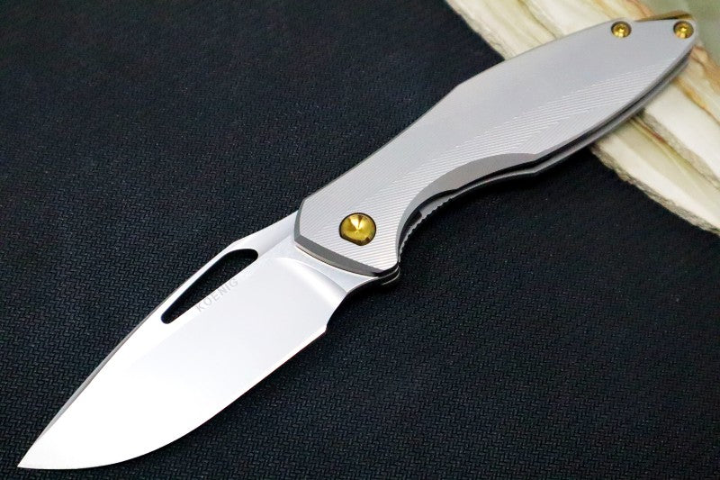 Koenig Arius Flipper Delete- Burnished Blade w/ Polished Flats - Patterned Titanium Handle - Bronze Accents (Gen 4) AR21211331