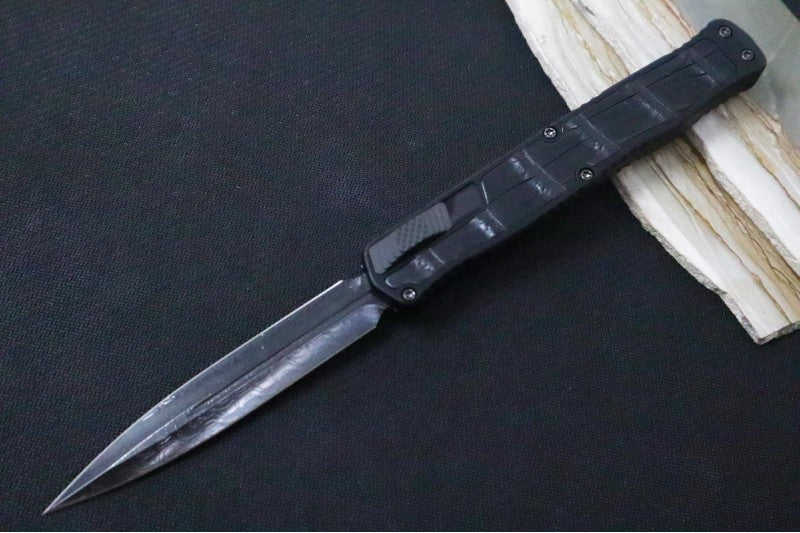 Heretic Knives Cleric II OTF Custom - DLC Coated Vegas Forged Damascus Reptilian Damascus / Dagger Blade / Black Anodized Handle & Crocodile Inlay / DLC Push Button & Clip #022