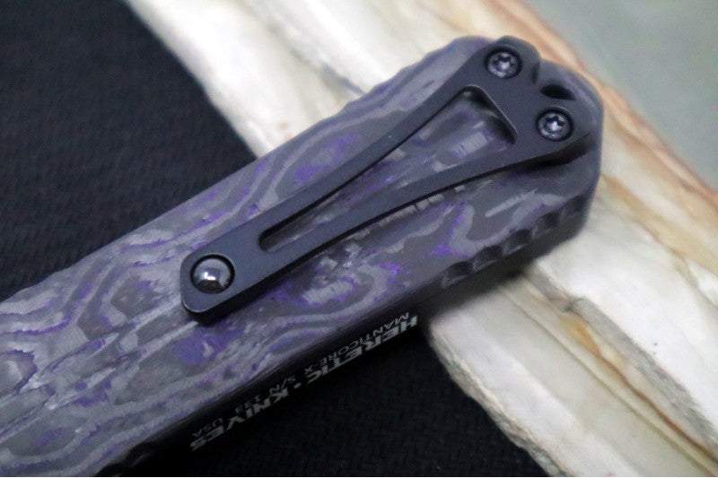 Heretic Knives Manticore E OTF - Black DLC Finish / Bowie Blade / Black Anodized Aluminum & Purple Camo Carbon Fiber Handle H026B-6A-PUCF