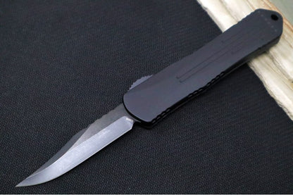 Heretic Knives Manticore E OTF - Black DLC Finish / Bowie Blade with Partial Serrate / Black Anodized Aluminum & Purple Camo Carbon Fiber Handle H026B-6B-PUCF