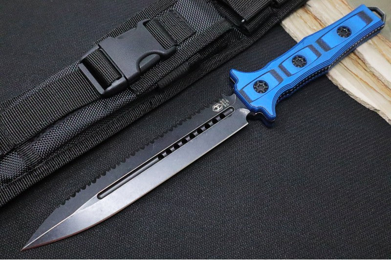 Heretic Knives Nephilim Fixed Blade - Battleworn Black Dagger Blade with a Full Serrate / Elmax Steel / Black & Blue G-10 Handle H003-8C-BLUBLK