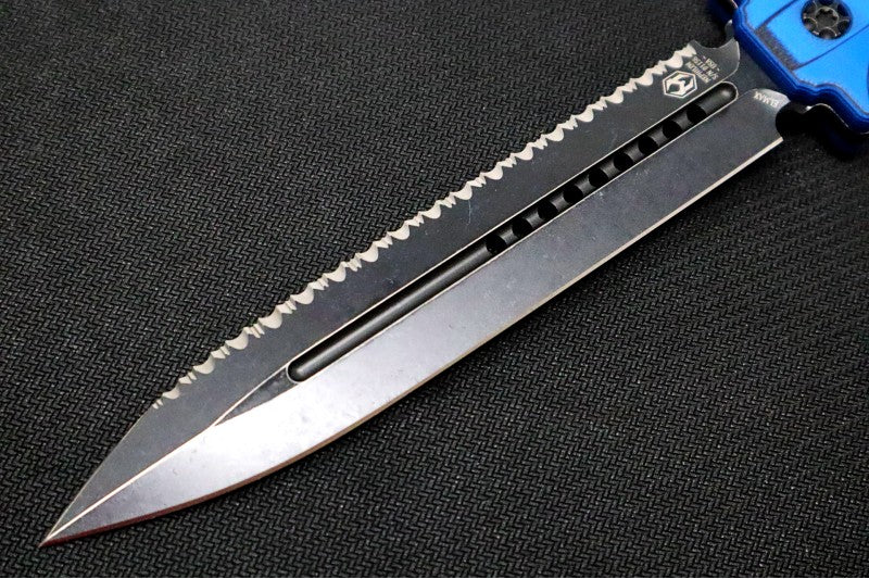 Heretic Knives Nephilim Fixed Blade - Battleworn Black Dagger Blade with a Full Serrate / Elmax Steel / Black & Blue G-10 Handle H003-8C-BLUBLK