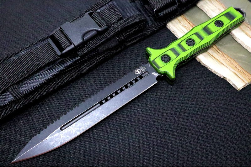 Heretic Knives Nephilim Fixed Blade - Battleworn Black Dagger Blade with a Full Serrate / Elmax Steel / Black & Green G-10 Handle H003-8C-GRNBLK