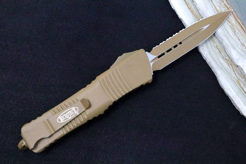 Microtech Combat Troodon OTF - Tan Cerakoted Blade / Double Edge with Full Serrate / Tan Cerakoted Aluminum Handle - 142-3CTA