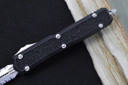 Microtech Signature Series Makora OTF - Stonewashed Blade / Dagger Style with a Partial Serrate / Black Anodized Aluminum Handle with Grip-Tape Inlays / Nickel Boron Internals - 206-11S
