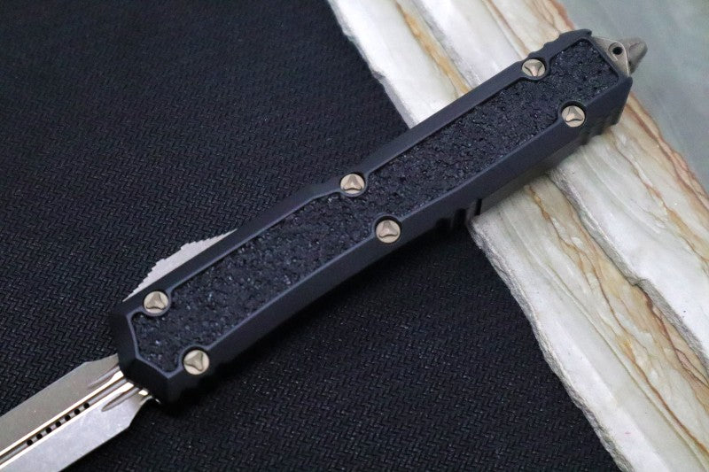 Microtech Signature Series Makora OTF - Bronzed Apocalyptic Blade / Dagger Style / Black Anodized Aluminum Handle with Grip-Tape Inlays / Nickel Boron Internals - 206-13APS