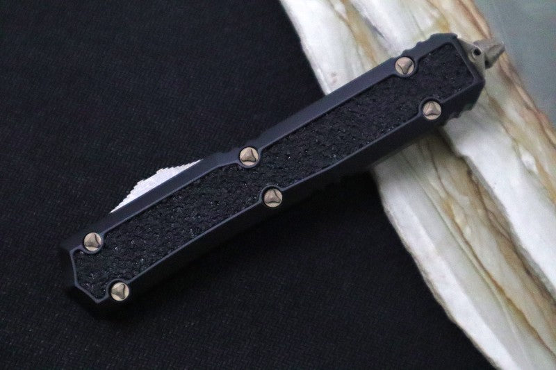 Microtech Signature Series Makora OTF - Bronzed Apocalyptic Blade / Dagger Style / Black Anodized Aluminum Handle with Grip-Tape Inlays / Nickel Boron Internals - 206-13APS