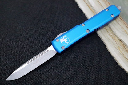 Microtech Ultratech OTF - Single Edge / Apocalyptic finish / Blue Anodized Aluminum Handle 121-10APBL