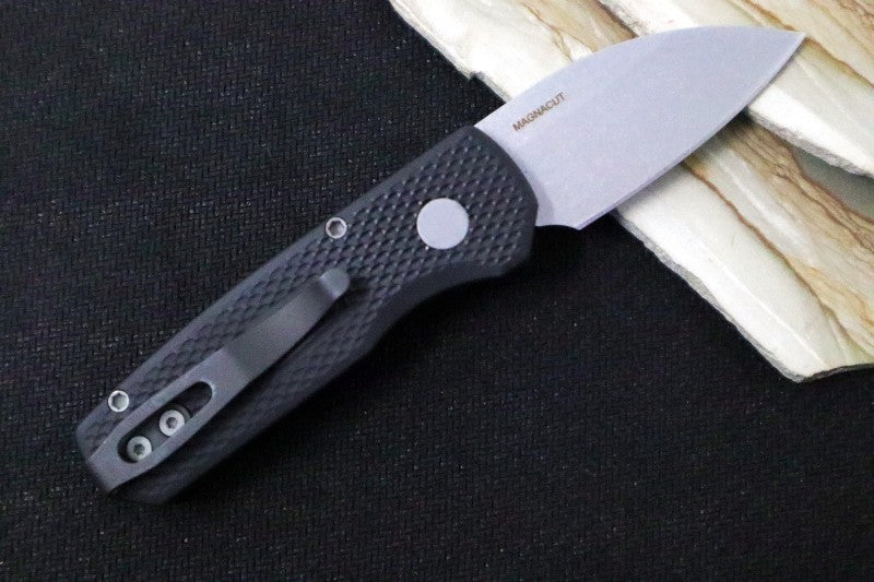 Pro Tech Runt Auto - Black Textured Aluminum Handle / Stonewashed Wharncliffe Blade / Magnacut Steel R5305