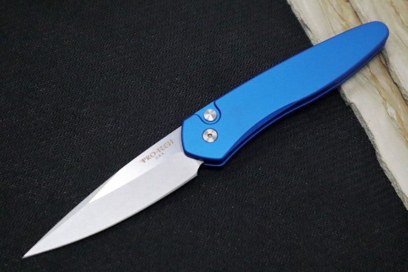 Pro Tech Newport Auto - Blue Handle / Stonewash Plain Edge Blade 3405-BLUE