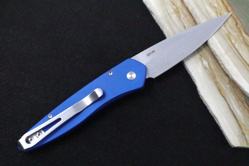 Pro Tech Newport Auto - Blue Handle / Stonewash Plain Edge Blade 3405-BLUE - Northwest Knives