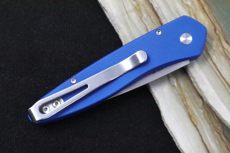 Pro Tech Newport Auto - Blue Handle / Stonewash Plain Edge Blade 3405-BLUE - Northwest Knives