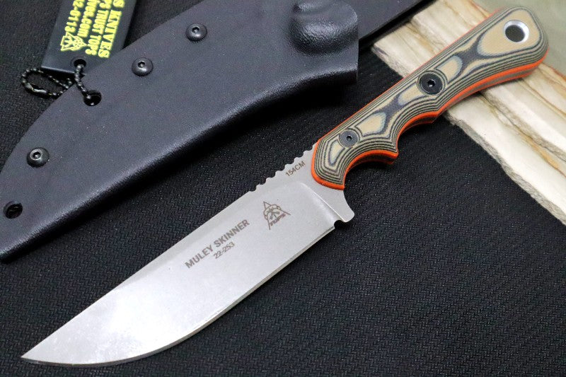 Tops Muley Skinner - 154CM Steel / Tan & Black G-10 Handle with Orange G-10 Liners / Black Kydex Sheath MSKIN-01 - Northwest Knives