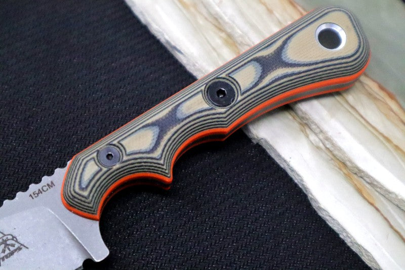 Tops Muley Skinner - 154CM Steel / Tan & Black G-10 Handle with Orange G-10 Liners / Black Kydex Sheath MSKIN-01 - Northwest Knives