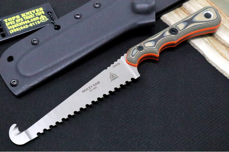 Tops Muley Saw - 154CM Steel / Tan & Black G-10 Handle with Orange G-10 Liners / Black Kydex Sheath MSAW-01 - Northwest Knives