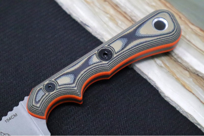 Tops Muley Saw - 154CM Steel / Tan & Black G-10 Handle with Orange G-10 Liners / Black Kydex Sheath MSAW-01 - Northwest Knives