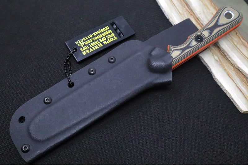 Tops Muley Saw - 154CM Steel / Tan & Black G-10 Handle with Orange G-10 Liners / Black Kydex Sheath MSAW-01