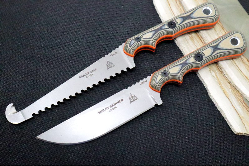 Tops Muley Combo (Skinner & Saw) - 154CM Steel / Tan & Black G-10 Handle with Orange G-10 Liners / Brown Leather Sheath MCMB-01