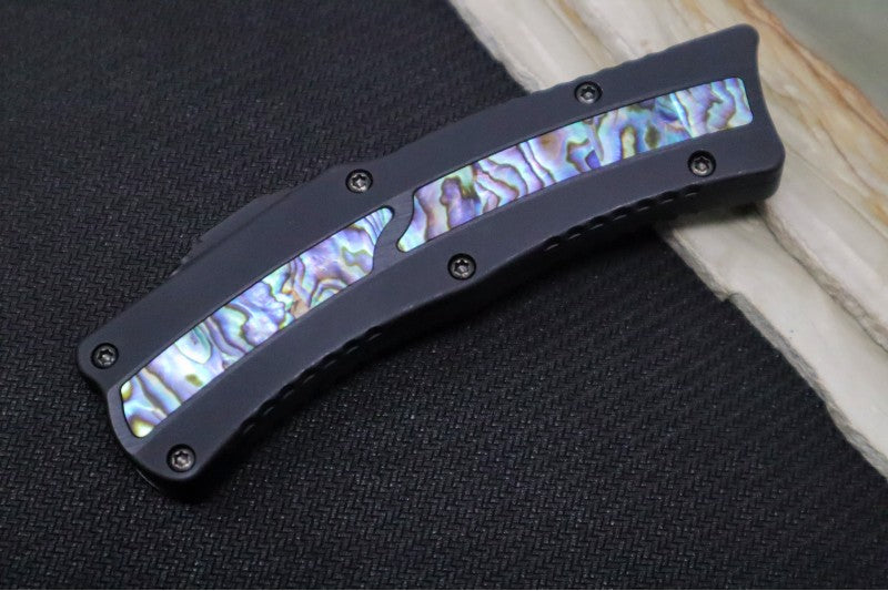 Heretic Knives ROC OTF Custom - Black Anodized Aluminum Handle with Ablone Inlays / DLC Vegas Forged Damascus Blade / Hand Ground Hawkbill / Abalone Inlay Button