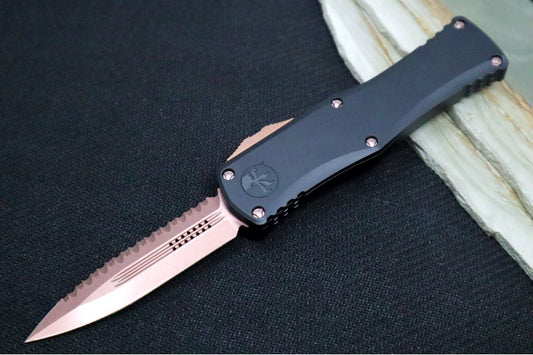 Microtech Hera Signature Series OTF - Dagger Style with Full Serrates / PVD Rose Gold Finish / Black Aluminum Handle 702-3PVDRGS