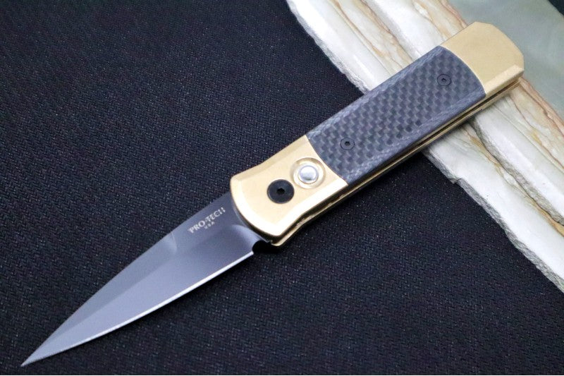 Pro Tech Godson Auto Limited Edition - Stonewashed Bronze Aluminum Handle / Camo Fat Carbon Inlays / Black Finished Blade / Black Mother of Pearl Push Button 7115