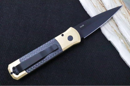Pro Tech Godson Auto Limited Edition - Stonewashed Bronze Aluminum Handle / Camo Fat Carbon Inlays / Black Finished Blade / Black Mother of Pearl Push Button 7115