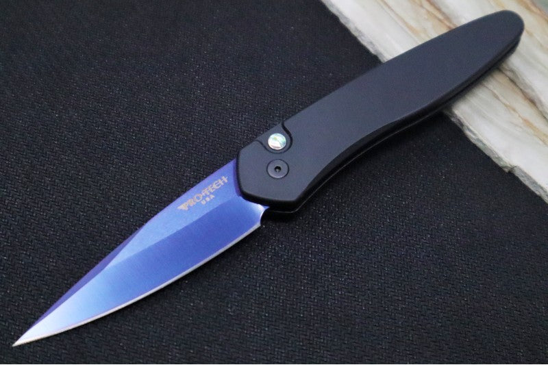 Pro Tech Newport Auto - Black Aluminum Handle / CPM-S35VN Steel / Sapphire Finish / Abalone Push Button 3407-SB - Northwest Knives