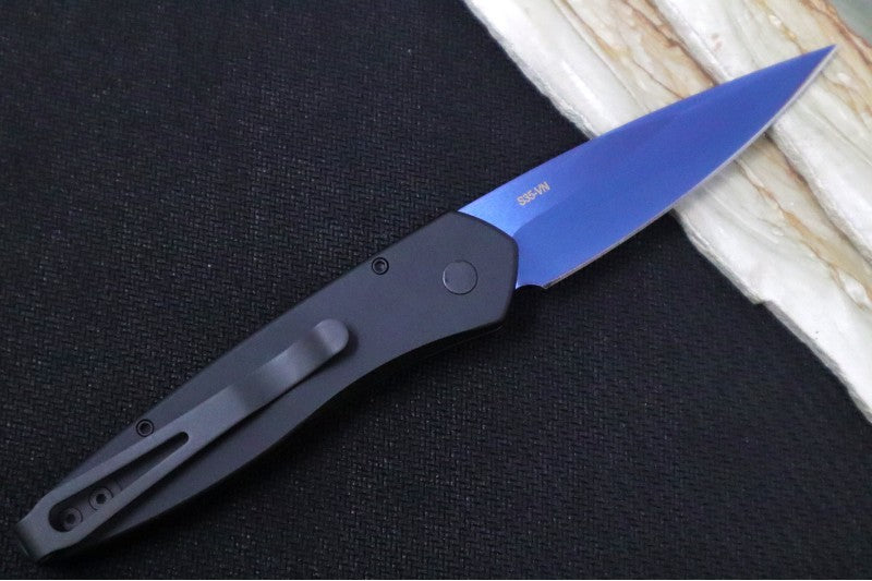 Pro Tech Newport Auto - Black Aluminum Handle / CPM-S35VN Steel / Sapphire Finish / Abalone Push Button 3407-SB - Northwest Knives