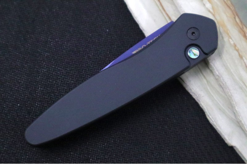 Pro Tech Newport Auto - Black Aluminum Handle / CPM-S35VN Steel / Sapphire Finish / Abalone Push Button 3407-SB