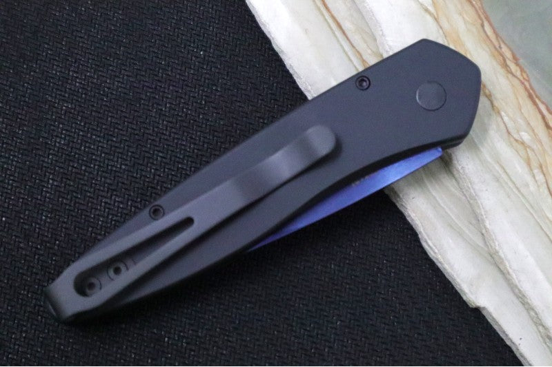 Pro Tech Newport Auto - Black Aluminum Handle / CPM-S35VN Steel / Sapphire Finish / Abalone Push Button 3407-SB